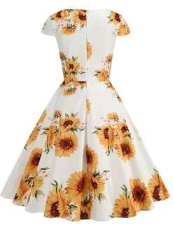 Clearance Retro Stage White & 1950s Sunflower Swing Dress Yellow