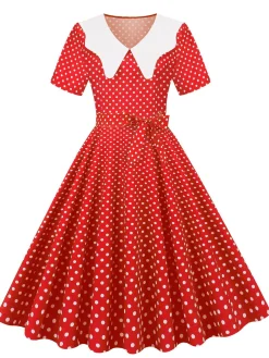 Fashion Retro Stage White Collar Polka Dot Swing Dress With Belt
