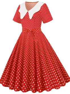 Fashion Retro Stage White Collar Polka Dot Swing Dress With Belt