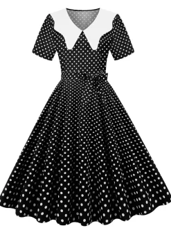 Fashion Retro Stage White Collar Polka Dot Swing Dress With Belt