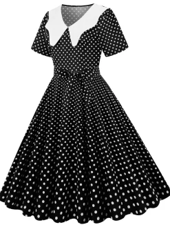 Fashion Retro Stage White Collar Polka Dot Swing Dress With Belt