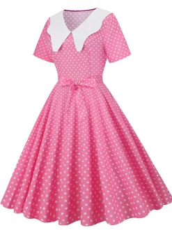 Fashion Retro Stage White Collar Polka Dot Swing Dress With Belt