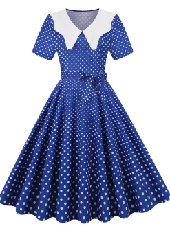 Fashion Retro Stage White Collar Polka Dot Swing Dress With Belt