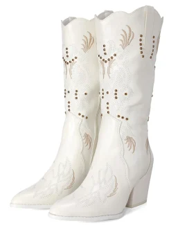 Outlet Retro Stage Embroidered Flower Leather Cowboy Boots White