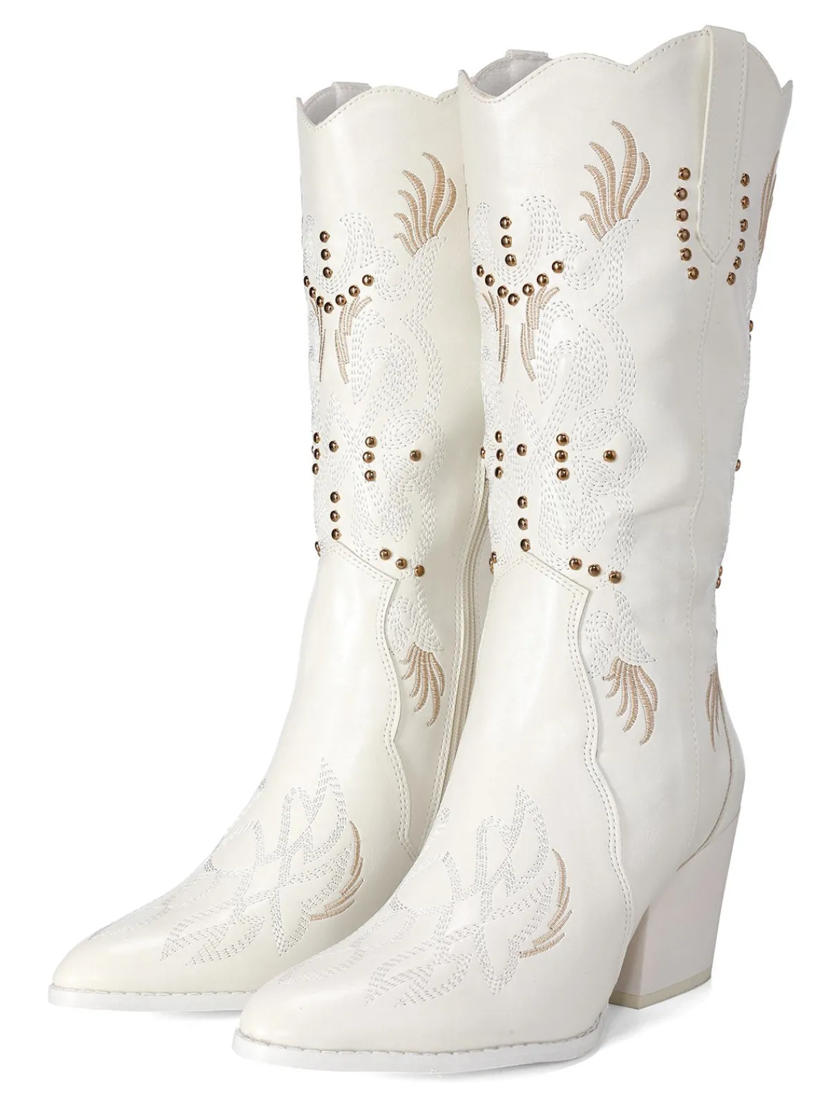 Outlet Retro Stage Embroidered Flower Leather Cowboy Boots White