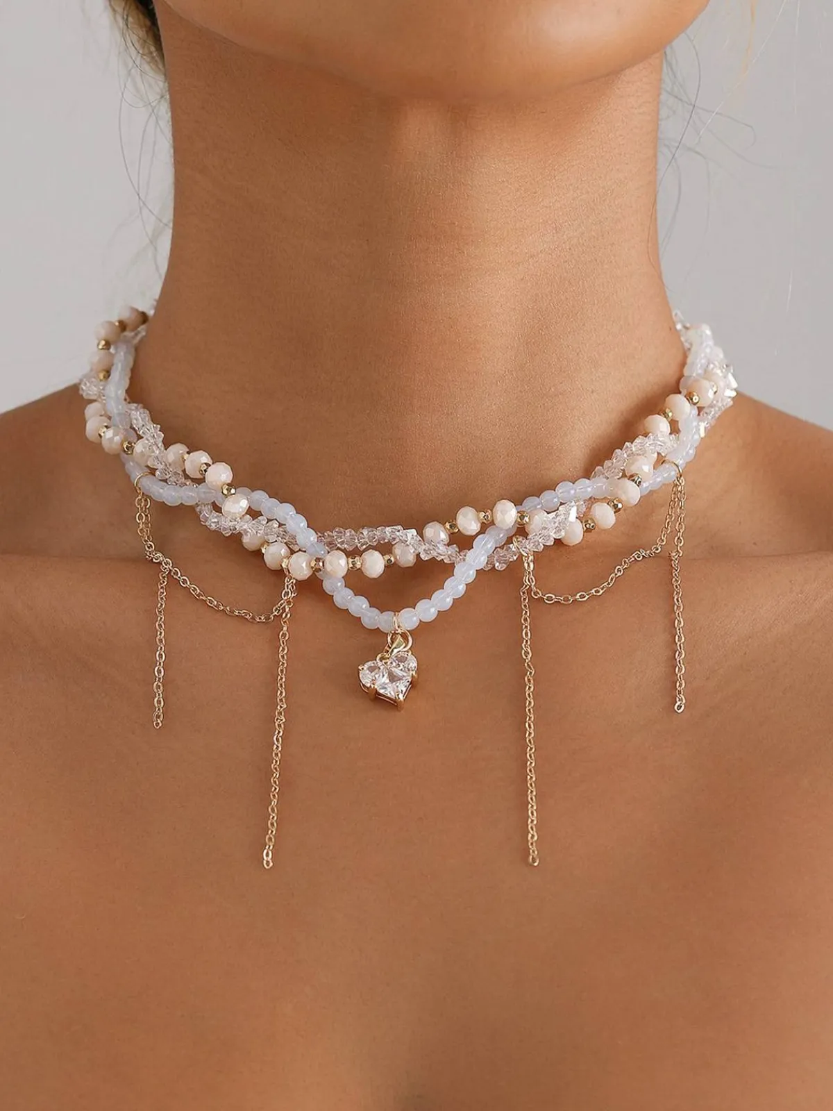 Sale Retro Stage White Heart Rhinestone Pendant Beaded Necklace