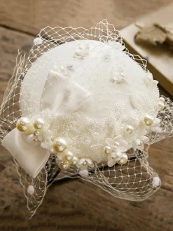 Best Retro Stage White Pearl Mesh Bow Vintage Hat