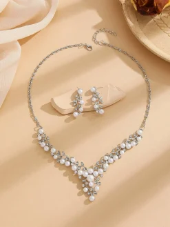 Hot Retro Stage White Pearl Rhinestone Leaves Necklace & Earring Set