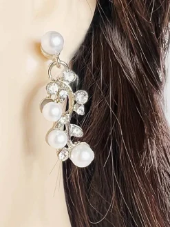 Hot Retro Stage White Pearl Rhinestone Leaves Necklace & Earring Set
