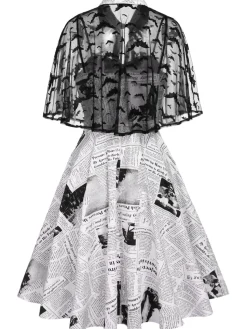 Sale Retro Stage 1950s Bat Cape Swing Dress White