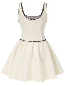 New Retro Stage 1950s Binding Tweed Skater Dress White