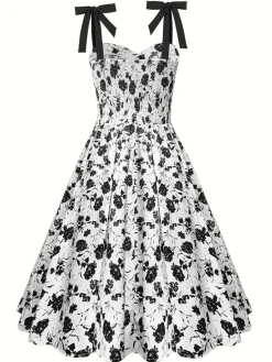 Fashion Retro Stage 1950s Black Flowers Tie-Up Dress White