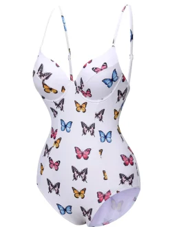 Sale Retro Stage 1970s Butterfly Strap One-Piece Swimsuit White