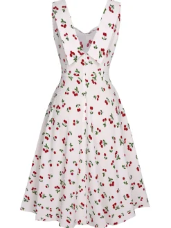 New Retro Stage 1950s Cherry Bow Sweetheart Neck Dress White