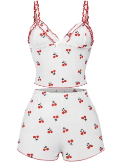 Fashion Retro Stage 1950s Cherry Navel Straps Pajamas White