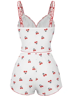 Fashion Retro Stage 1950s Cherry Navel Straps Pajamas White