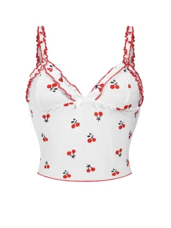 Fashion Retro Stage 1950s Cherry Navel Straps Pajamas White