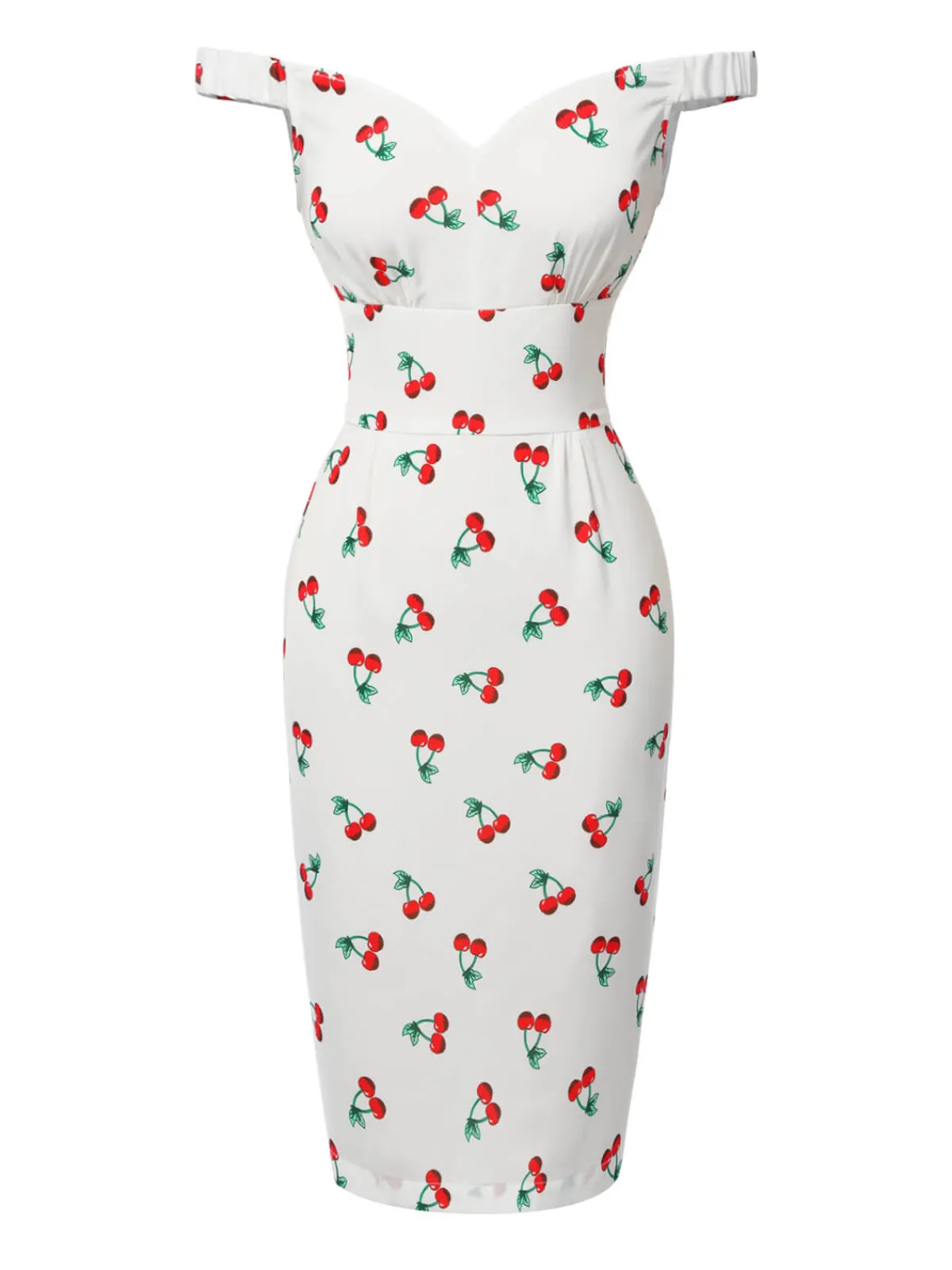 Best Retro Stage 1960s Cherry Off-Shoulder Pencil Dress White