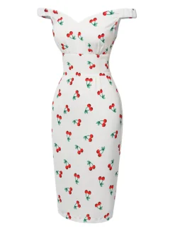 Best Retro Stage 1960s Cherry Off-Shoulder Pencil Dress White