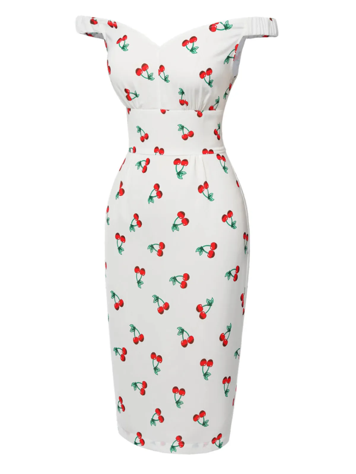 Best Retro Stage 1960s Cherry Off-Shoulder Pencil Dress White