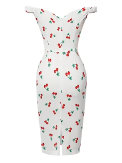 Best Retro Stage 1960s Cherry Off-Shoulder Pencil Dress White