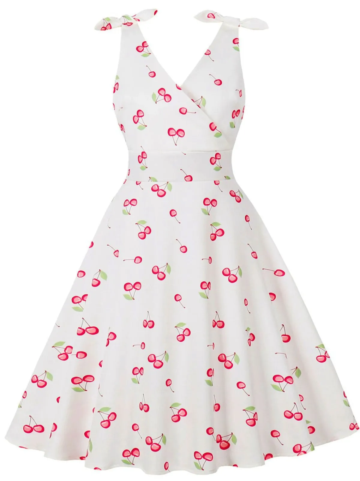 Clearance Retro Stage 1950s Cherry Sleeveless V-Neck Dress White