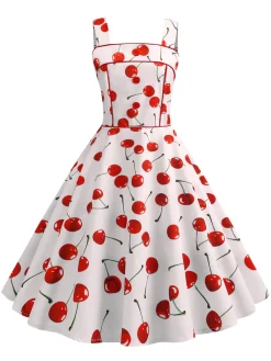 Fashion Retro Stage 1950s Cherry Wide Straps Dress White