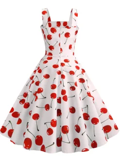 Fashion Retro Stage 1950s Cherry Wide Straps Dress White