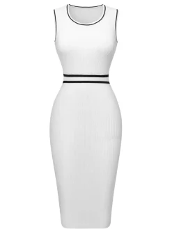 Discount Retro Stage White 1960s Contrast Binding Knit Dress