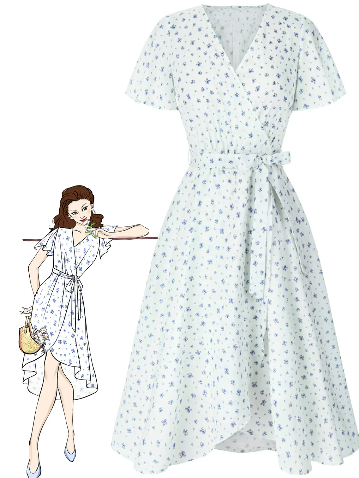 Discount Retro Stage 1940s Cotton Slanted Tie Floral Dress White