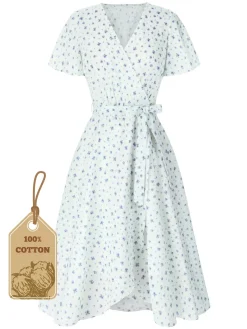 Discount Retro Stage 1940s Cotton Slanted Tie Floral Dress White