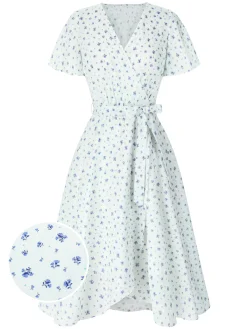 Discount Retro Stage 1940s Cotton Slanted Tie Floral Dress White