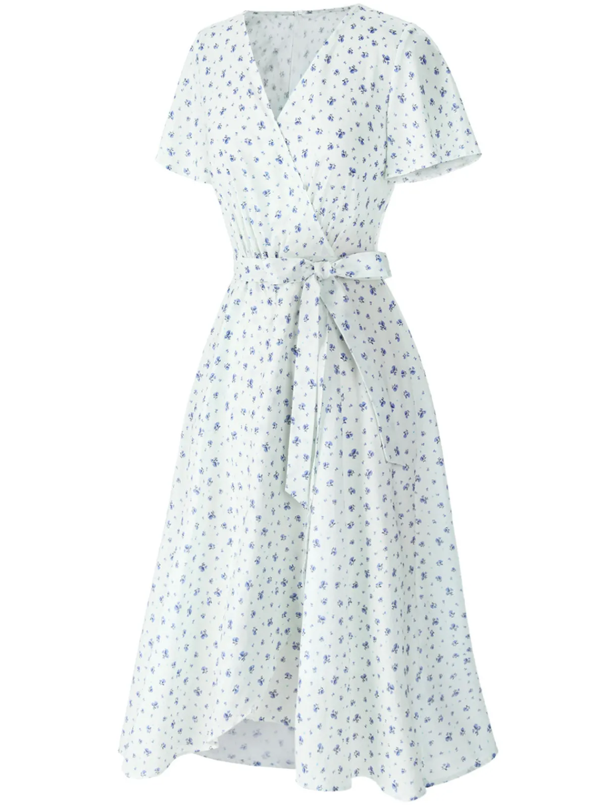 Discount Retro Stage 1940s Cotton Slanted Tie Floral Dress White