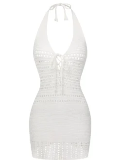 Discount Retro Stage 1960s Cross Lacing Crochet Dress White