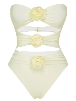 New Retro Stage 1930S 3D Flowers Hollow Bandeau Swimsuit White