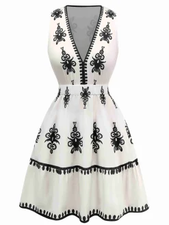 Online Retro Stage 1970s Deep V Boho Floral Dress White