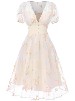 Clearance Retro Stage 1950s Deep V-Neck Embroidered Floral Dress White