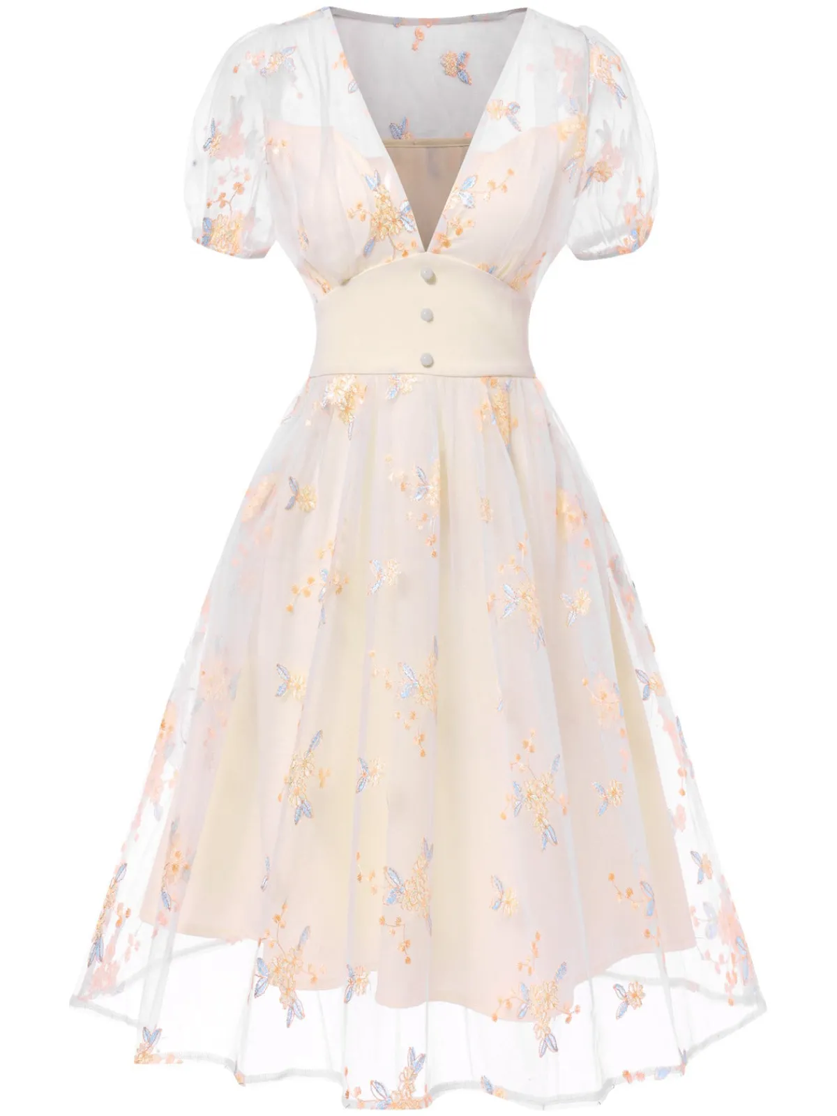 Clearance Retro Stage 1950s Deep V-Neck Embroidered Floral Dress White