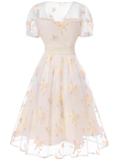 Clearance Retro Stage 1950s Deep V-Neck Embroidered Floral Dress White