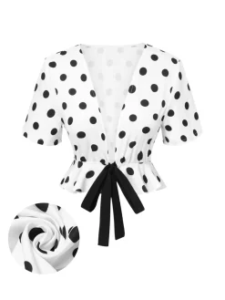 Sale Retro Stage 1950s Deep V-Neck Polka Dots Top White