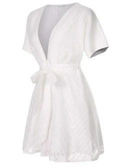 Sale Retro Stage 1950s Deep V-Neck Textured Belted Romper White