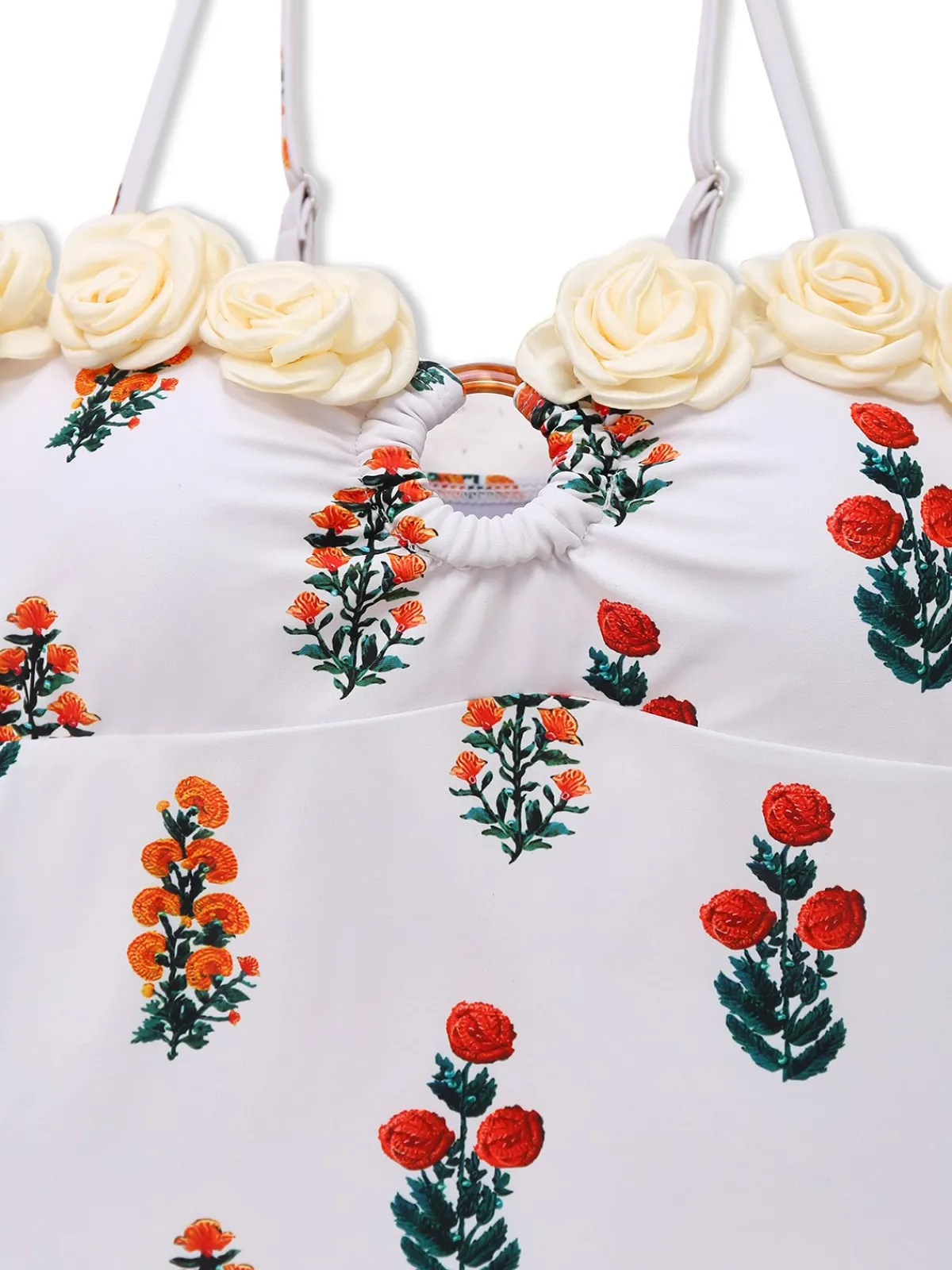 Sale Retro Stage 1960s 3D-Flower Spaghetti Straps One-Piece Swimsuit White