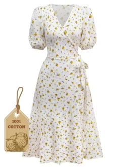Clearance Retro Stage 1940s Ditsy Floral Cotton Wrap Dress White