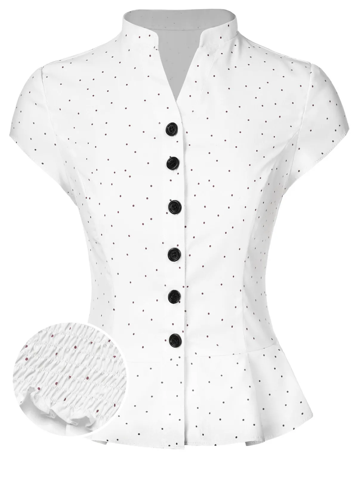 Best Retro Stage 1930s Dots Pleated Hem Smocked Blouse White