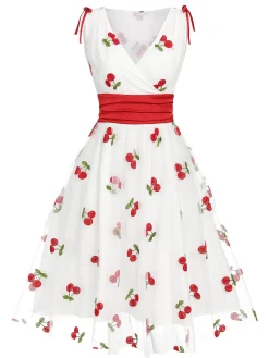New Retro Stage 1950s Embroidered Cherry Mesh Dress White