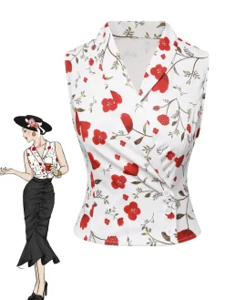 Best Retro Stage 1930s Floral Asymmetric Lapel Top White