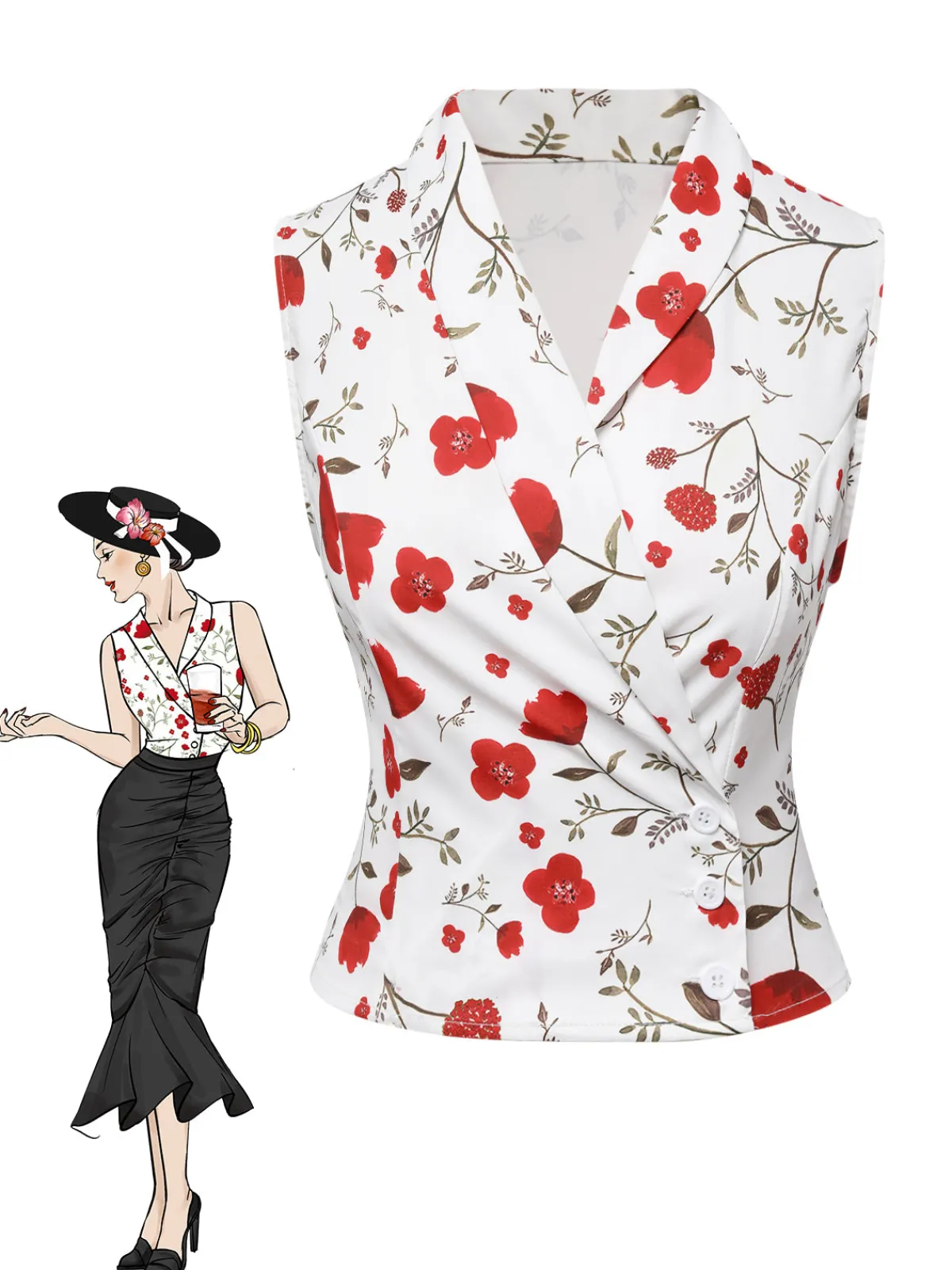 Best Retro Stage 1930s Floral Asymmetric Lapel Top White