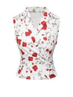 Best Retro Stage 1930s Floral Asymmetric Lapel Top White