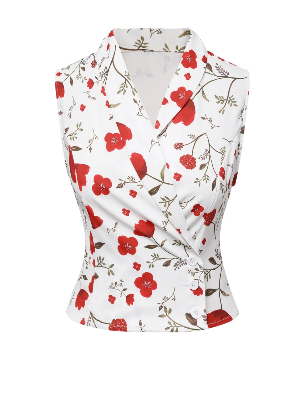 Best Retro Stage 1930s Floral Asymmetric Lapel Top White