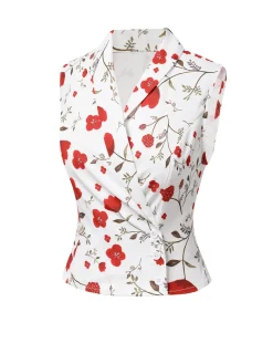 Best Retro Stage 1930s Floral Asymmetric Lapel Top White